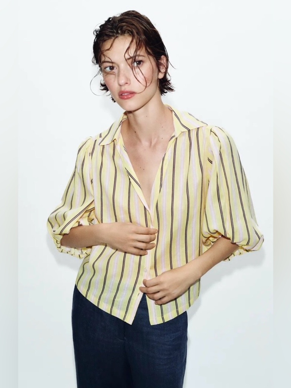 Zara NWT Yellow Striped Puff Sleeve Button Down Blouse Shirt